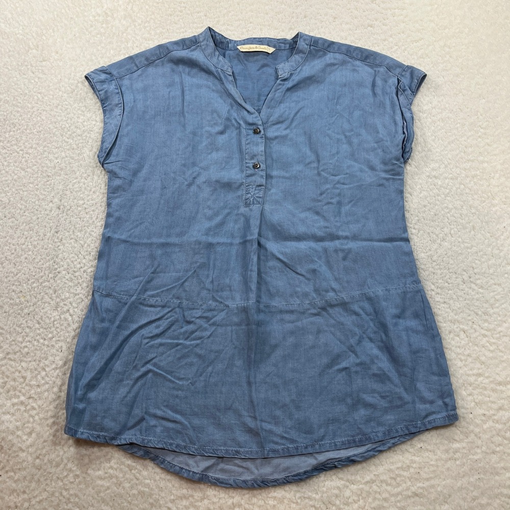 Denim Jeans & Casuals Top Womens Medium Blue Henley Tencel Cap Sleeve Casual